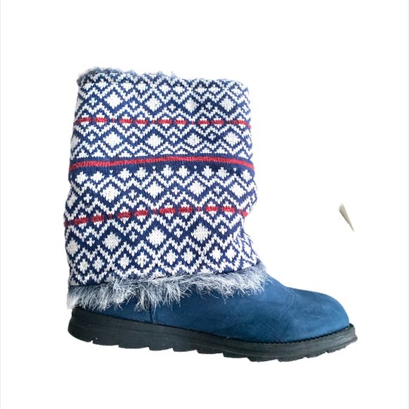 Muk Luks Blue Booties with Reversible Plaid/faux fur sweater